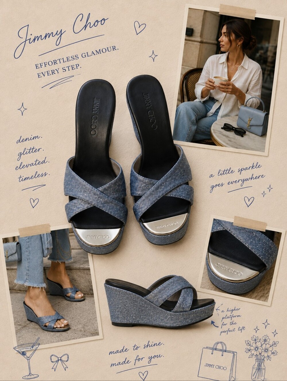 Jimmy Choo Metallic Denim Blue Crisscross Slide Mules 38 - Picture 2 of 7